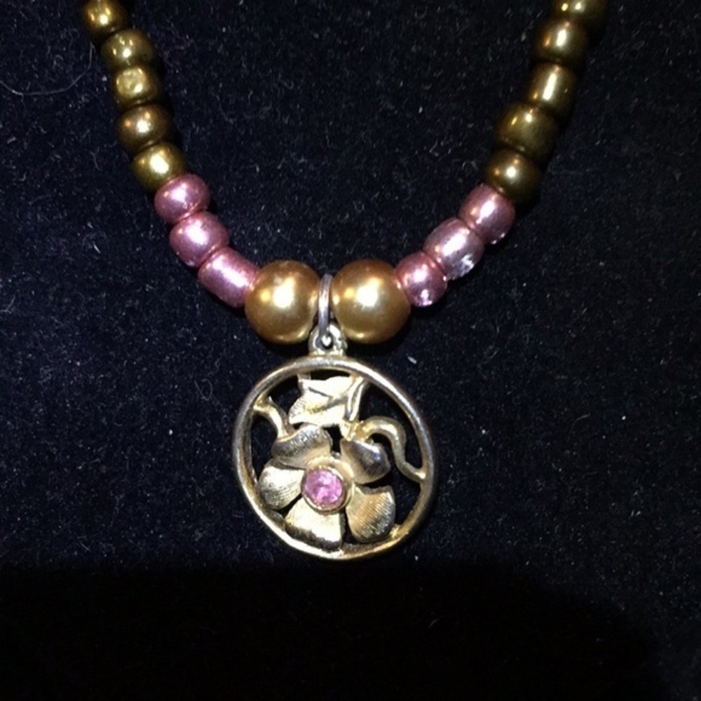 Pink flower Necklace w/Vintage Pendant